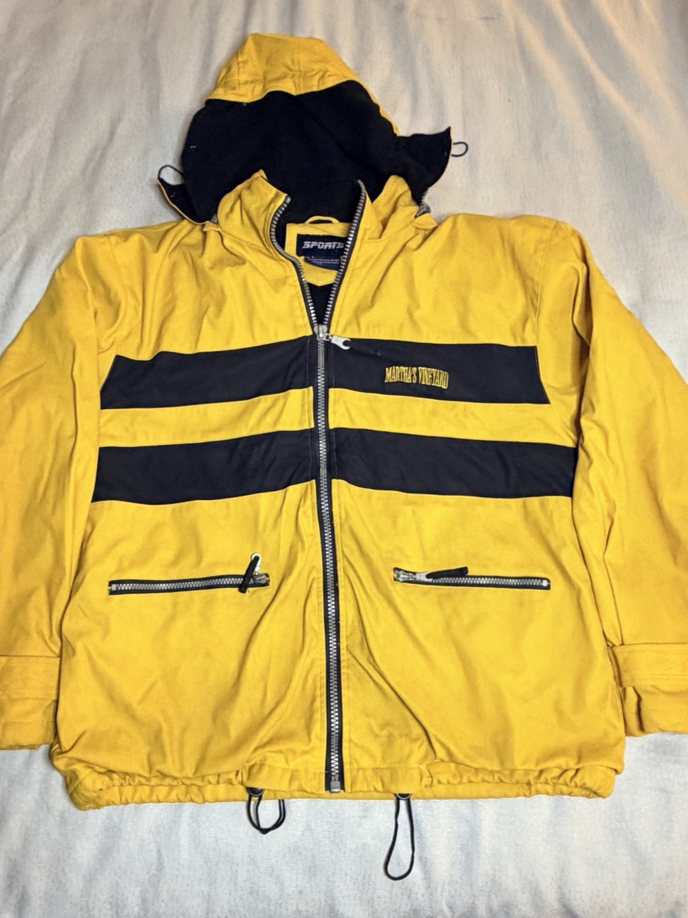 Vintage Sports Martha's Vineyard Colorblock Hooded Rain Jacket L Yellow Navy